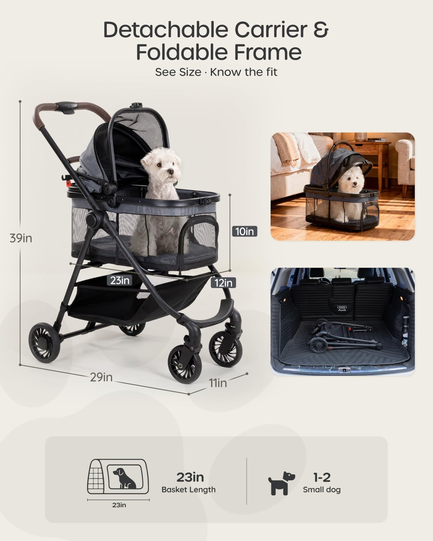 OJCME 3 in 1 Pet Carrier Stroller with Detachable Carrier, Foldable Dog & Cat Stroller for Small/Medium Dogs up to 33 lbs, Large Storage Bag, Full Window Mesh, One-Touch Dual Brake, Car Seat