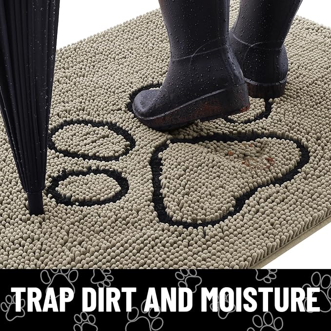 Smiry Dog Door Mat for Muddy Paws, Absorbent Dirt Trapper Non Slip Quick Dry Washable Chenille Mat for Mud Dogs, Entry Rug for Indoor and Outdoor (48x30 Inches, Warm Taupe and Black)