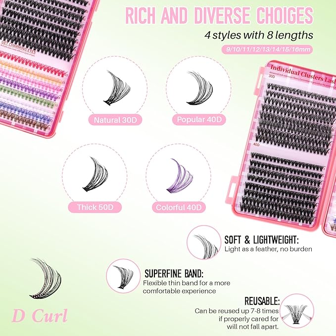 Lash Clusters Kit DIY Lash Extension Kit Colored Cluster Lashes Eyelash Extension Kit Individual Lashes with Lash Bond and Seal,Lash Tweezers Natural Look RITALASH(30D+40D+50D+40D Colored Kit,9-16mm)