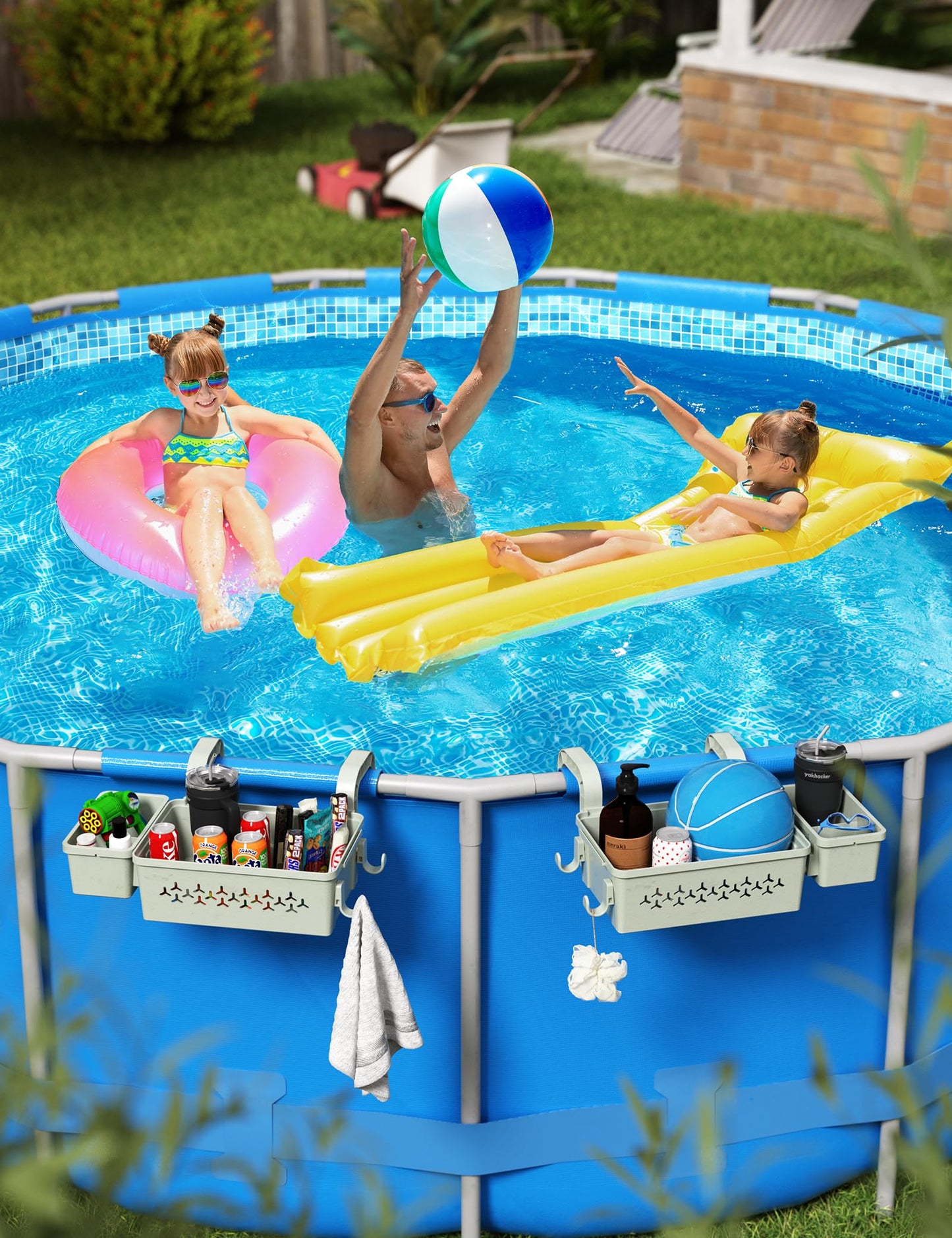SUMMERBUDDY 2 Sets Upgrade Poolside Storage Basket, Above Ground Pool Storage Basket with Pool Cup Holder, For Steel Round or Oval Frame Above Ground Pools, Fits 3 Inch or Less Top Rail