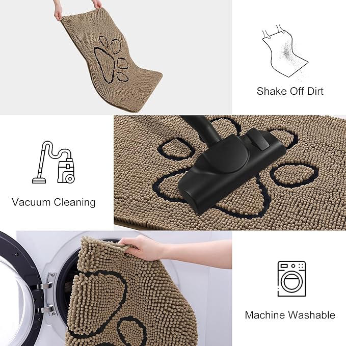 Smiry Dog Door Mat for Muddy Paws, Absorbent Dirt Trapper Non Slip Quick Dry Washable Chenille Mat for Mud Dogs, Entry Rug for Indoor and Outdoor (71x46 Inches, Camel and Black)