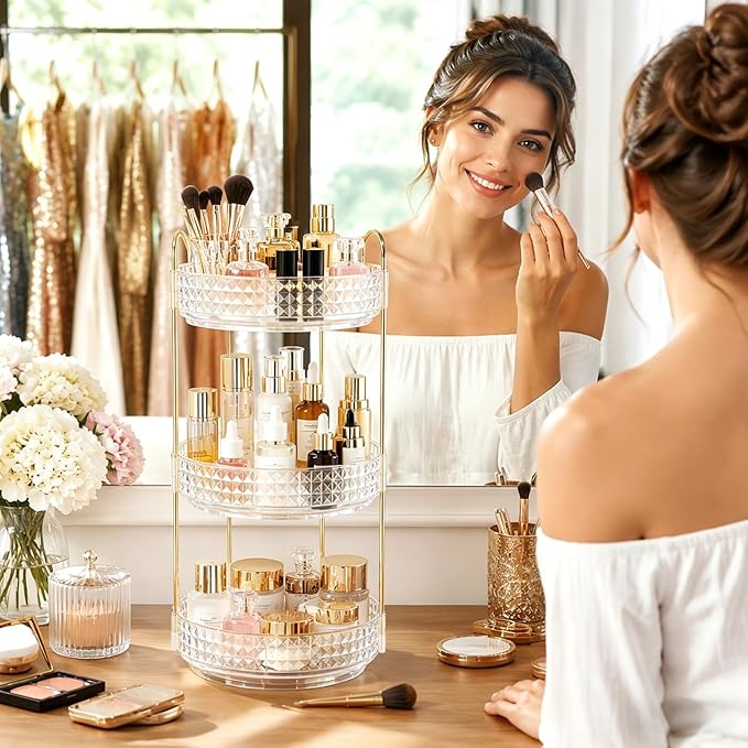 Fangoo 3 Tiers Clear Rotating Makeup Organizer for Vanity, 360 Spinning Skincare Organizers for Dresser Perfume Organizer Large Skincare Make up Storage Cosmetic Organizer for Bathroom Countertop