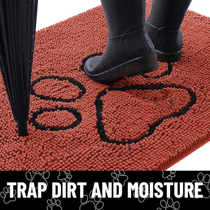 Smiry Dog Door Mat for Muddy Paws, Absorbent Dirt Trapper Non Slip Quick Dry Washable Chenille Mat for Mud Dogs, Entry Rug for Indoor and Outdoor (36x24 Inches, Maple Red and Black)