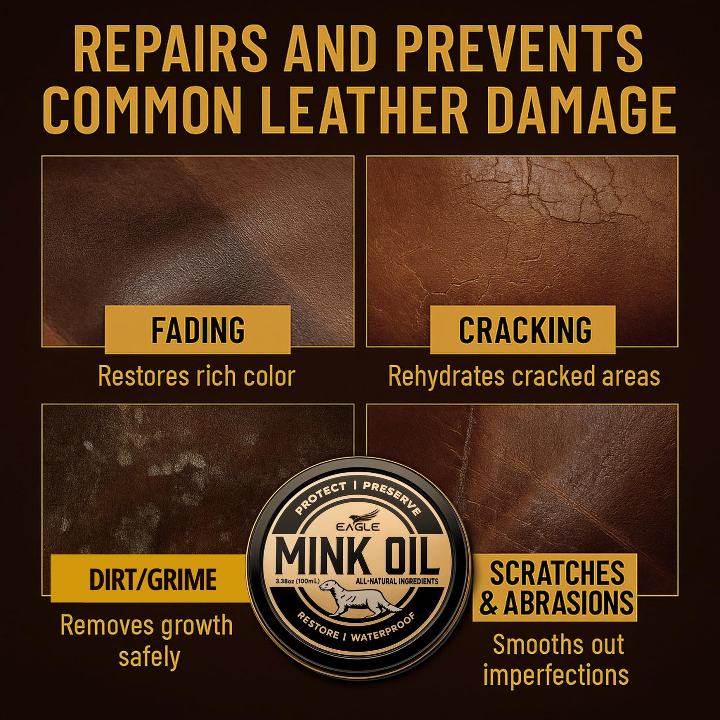 4-in-1 Mink Oil Leather Conditioner Kit – 3.52oz Waterproof Paste with Horsehair Brush, Sponge & Microfiber Cloth – Leather Cleaner & Protector for Boots, Shoes, Jackets, Saddles & Bags