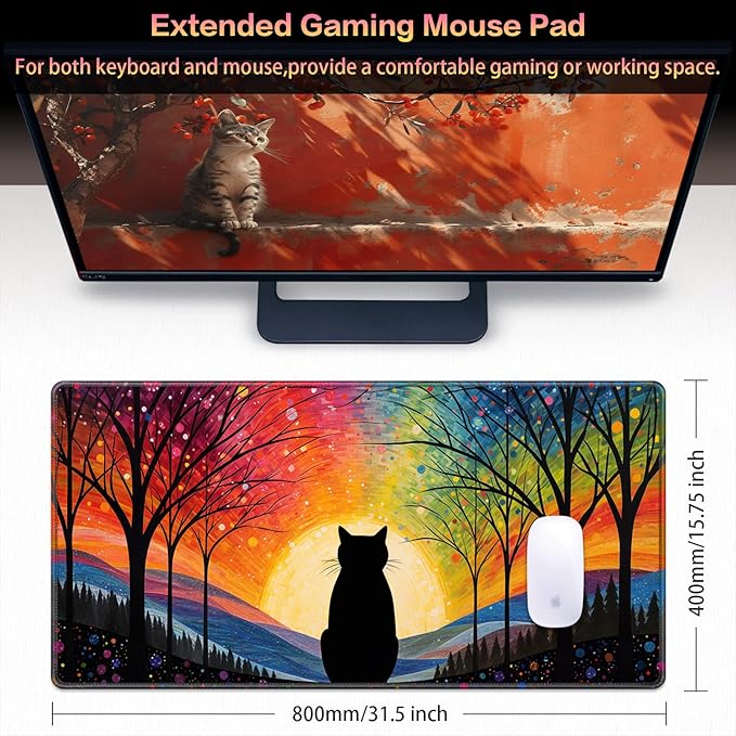Canjoy Cute Black Cats Anime Mouse pad, 31.5x15.7inch Kawaii Computer Keyboard Mat Extended Large Gaming Mouse Pad with Non-Slip Rubber Base