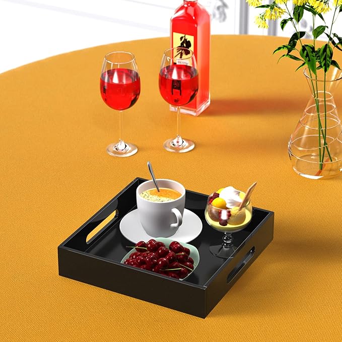 KOTEMON Acrylic Serving Tray with Handles-12x12x2.36Inch-Decorative Tray Letter Tray Organizer for Ottoman Coffee Table Countertop, Black