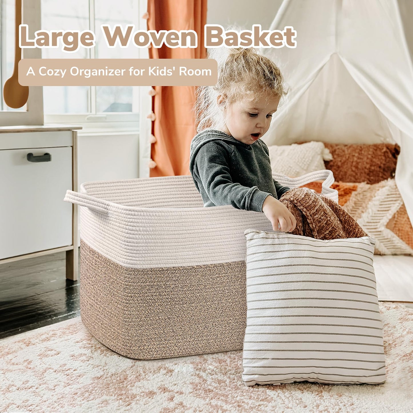 Goodpick Extra Large Woven Blanket Basket, 23.6" x 15.7" x 13.8" Storage Organizer for Blankets, Toys, Dirty Clothes, Rectangle Cotton Rope Basket for Living Room, Nursery, Bedroom