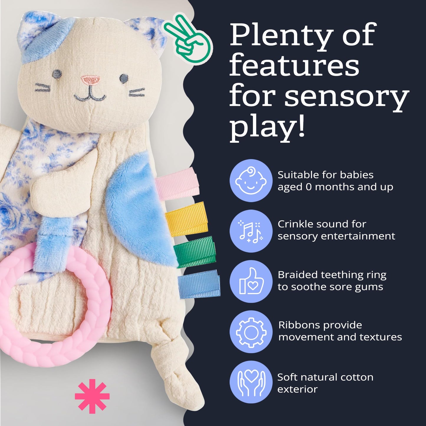 Itzy Ritzy - Bitzy Crinkle Sensory Toy for Babies & Toddlers — Features Crinkle Sound, Soft Braided Teething Toy Ring & Textured Ribbons — Gender Neutral Baby Item for Ages 0 Months & Up, Kitty