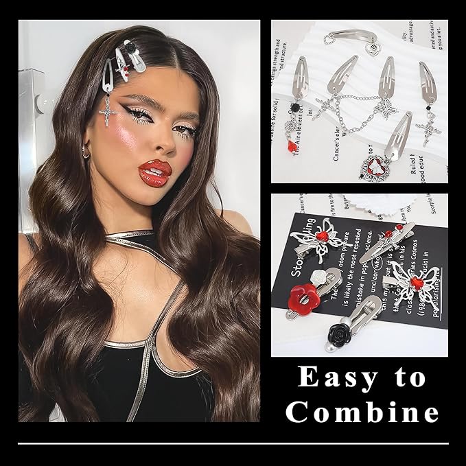 10PCS Red Hair Clips Small Dangle Silver Hair Clips Metal 9 Shapes Goth Cross Clip Snap Punk Y2K Hair Accessories for Women Girls