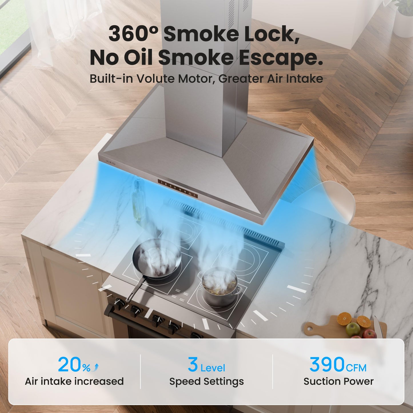 VIKIO HOME 30 Inch Island Range Hood, 390 CFM kitchen Hood with Dual-Sided Touch/Gesture Control, Convertible Ducted/Ductless, Ceiling Mount, 3 Stainless Steel Baffle Filters, 3-Speed Fan