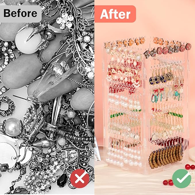 360 Rotating Earring Holder Organizer Stand,5 Tiers Acrylic Jewelry Organizers and Storage,Stud Earring Organizers and Storage,212 Holes and 212 Grooves for Earrings Necklaces chain bracelet