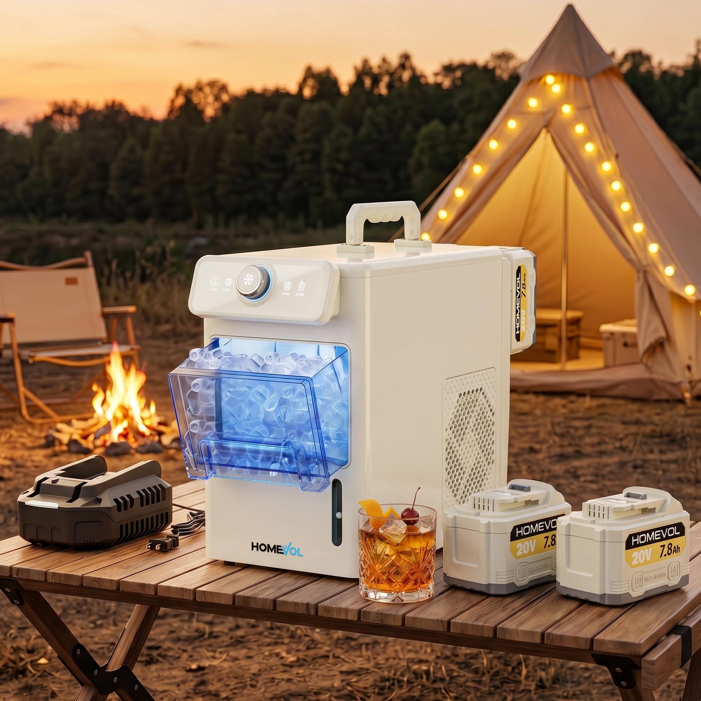 Cordless Portable Ice Maker, Battery Powered Ice Machine with Scoop, 2 × 20V Max 7.8Ah Rechargeable Batteries, Charger, Self-Cleaning, for Home, Kitchen, Camping, RV