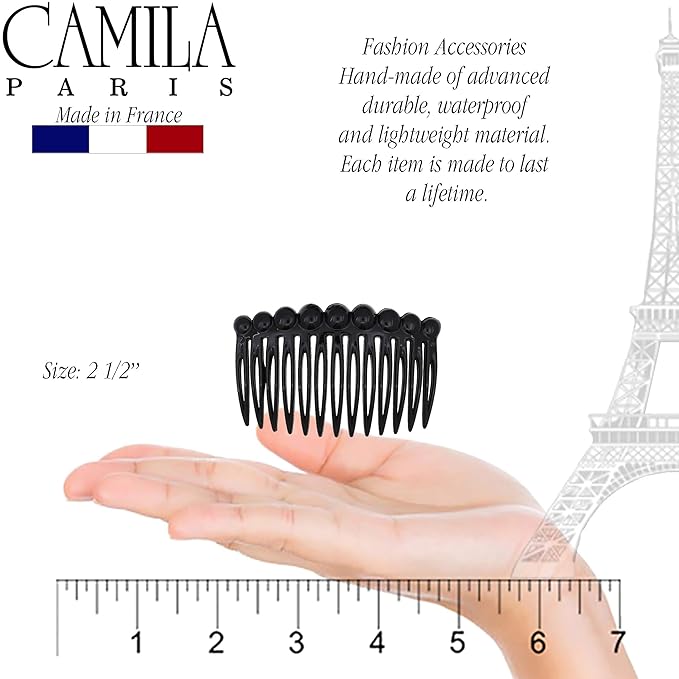 Camila Paris CP2869/2 French Hair Side Comb Small Rounded, Black French Twist Hair Combs Decorative, Strong Hold Hair Clips for Women Bun Chignon Up-Do Styling Girls Hair Accessories, Made in France