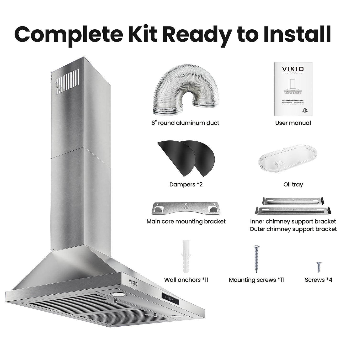 VIKIO HOME Wall Mount Range Hood 36inch, 580 CFM, Ducted/Ductless Convertible, Stainless Steel Kitchen Vent Hood with 3-Speed Fan and LED Lights