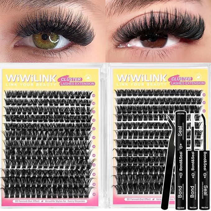 Fluffy Lash Clusters Kit 384Pcs, Wispy Volume (100D/200D) D-Curl Cluster Eyelash Extensions 10-18mm + Bond & Seal Glue + Tweezers - Reusable 15+ Times, Natural to Dramatic Volume