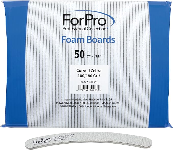 ForPro Professional Collection Zebra Curved Foam Board, 100/180 Grit, Double-Sided Manicure and Pedicure Nail Files, 7” L x .75” W, 50-Count