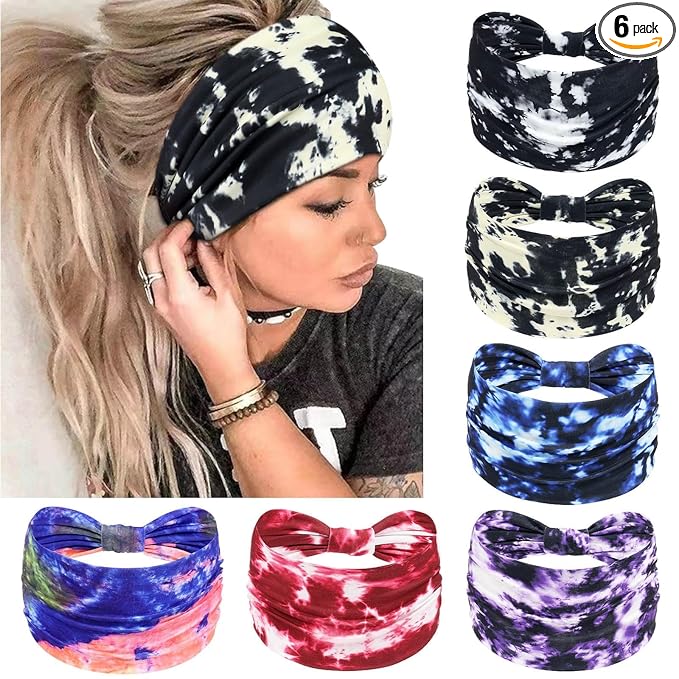 Awumbuk Wide Headbands for Women Knotted No Slip Head Bands Soft Turban Headband Hair Accessories Boho African Solid Color Head Wraps for Women Yoga Workout Pack of 6