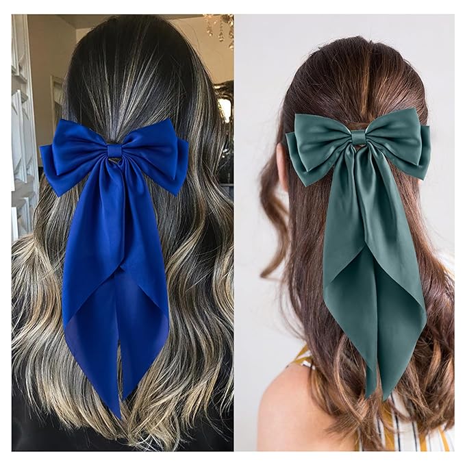 6Pcs Large Bows Hair Clips for Women Girls Long Tail Hair Ribbon Silky Satin Barrettes Coquette Bows Accessories (Black/Skyblue/White/Navyblue/Bluegrey/Royalblue)