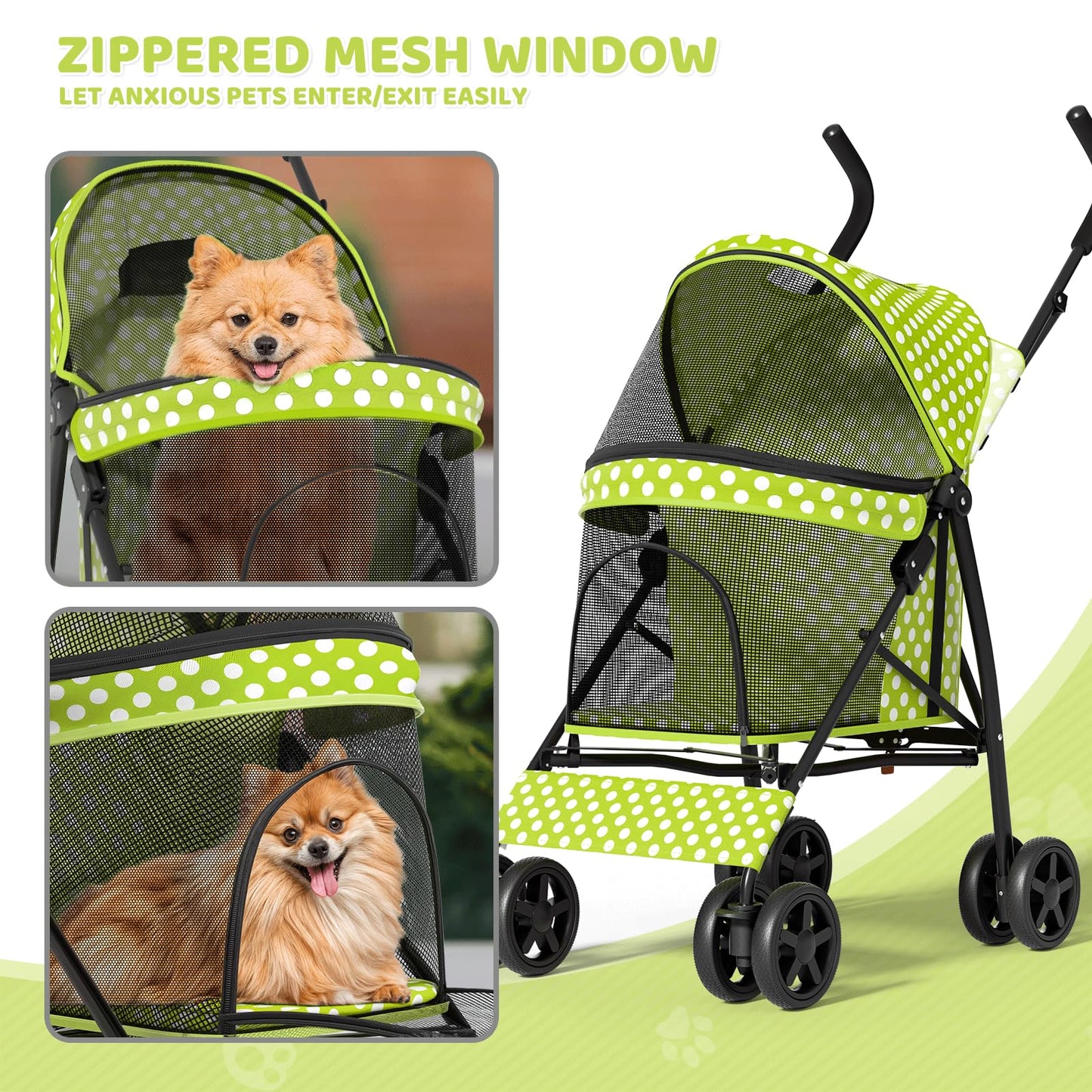 Magshion Compact Pet Stroller for Small-Medium Dogs/Cats up to 22lbs, 4-Wheel Lightweight Umbrella Shaped Portable Puppy Travel Jogger with Breathable Mesh, Cup Holder & Rear Storage, Lawn Green