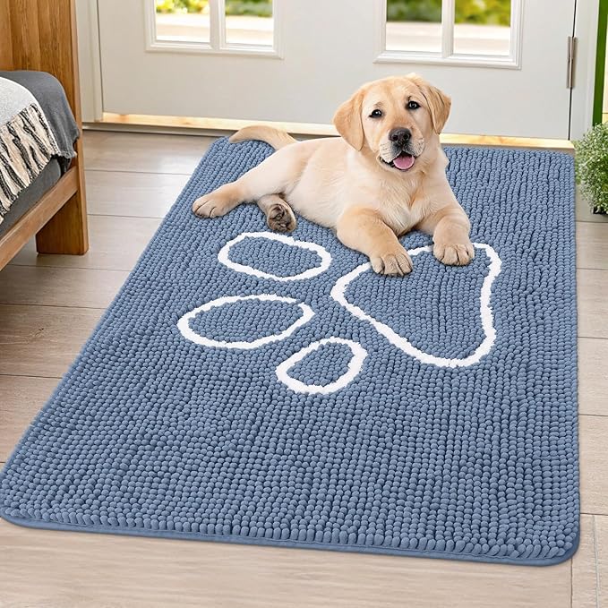 Smiry Dog Door Mat for Muddy Paws, Absorbent Dirt Trapper Non Slip Quick Dry Washable Chenille Mat for Mud Dogs, Entry Rug for Indoor and Outdoor (40x32 Inches, Airy Blue and White)