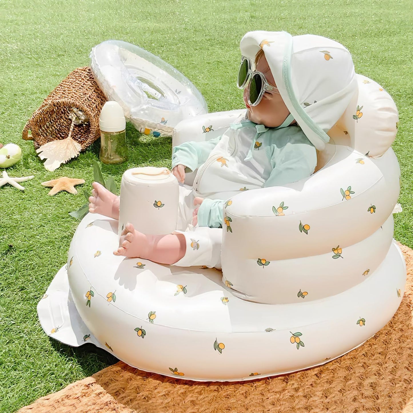 EKEPE Inflatable Baby Seat for Babies 3 Months & Up, Baby Floor Seats for Sitting Up, Baby Seats for Infants, Blow Up Baby Chair with Built in Air Pump - Olive Flower