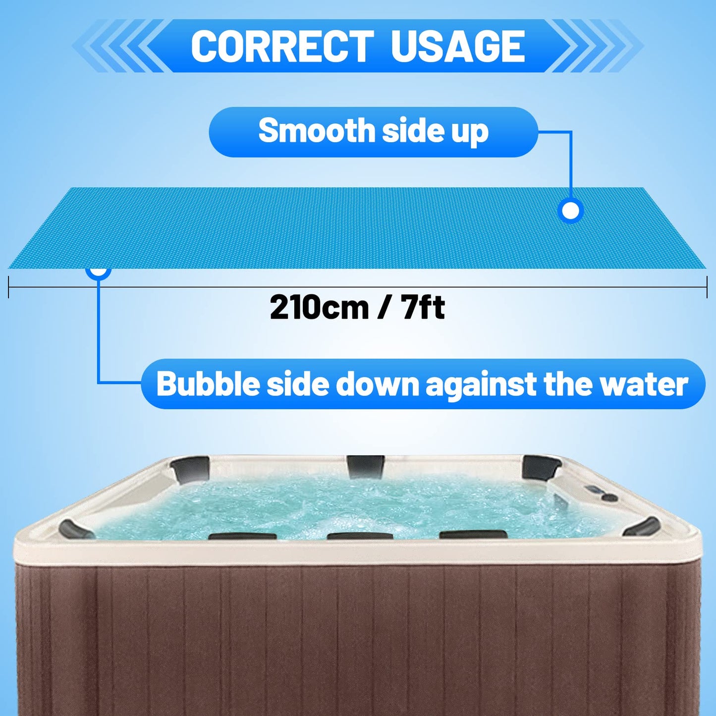 MADHOLLY Spa Hot Tub Cover for Heat Retention - 7×7FT Square 16-Mil Heavy-Duty Bubble Solar Blanket for Preventing Water Evaporation, Easy to Cut and Clean (210 × 210 CM)