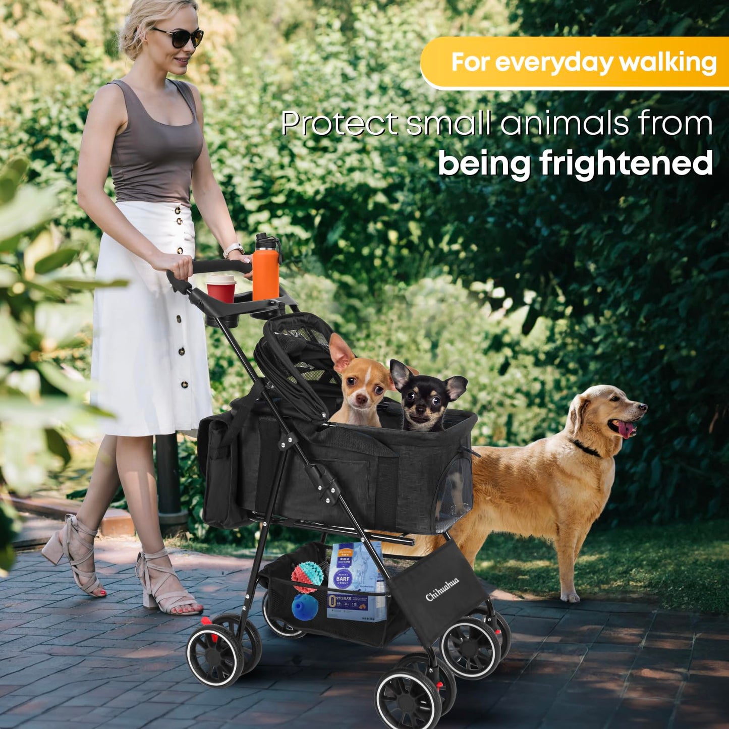 2-in-1 Foldable Pet Stroller with Canopy, 4 Wheels Pet Strolling Cart for Small/Medium Dogs and Cats with Removable Carrier,Breathable Mesh,Mom Tote Bag,Cup Holders,Easy Assembly,Black