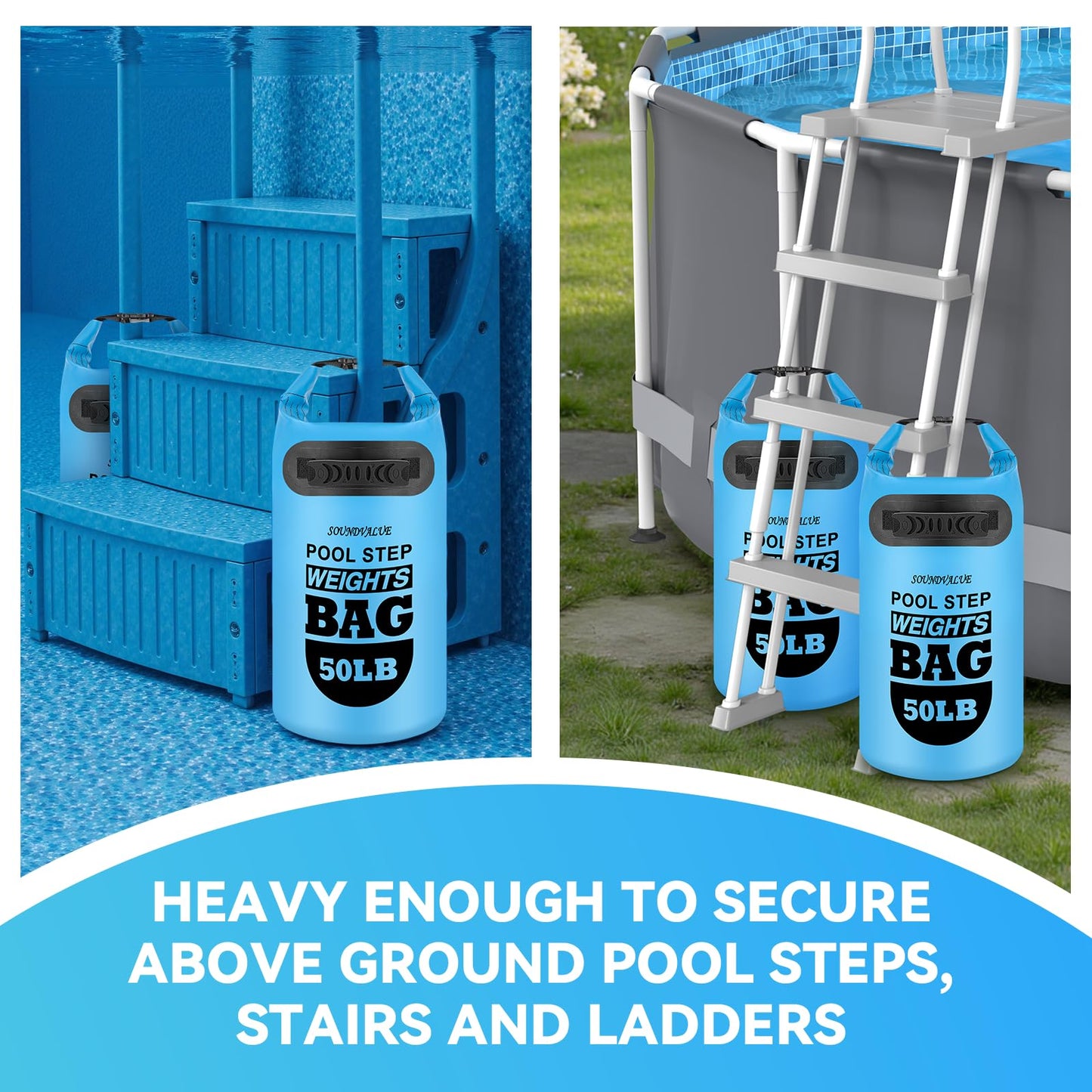 2 Pack 50lb Heavy Duty Pool Ladder Weights, Universal Above Ground Pool Step Sand Bags with Handles, 500D PVC Durable Waterproof & Foldable Sandbags for Swimming Pool Stairs (Sky Blue)