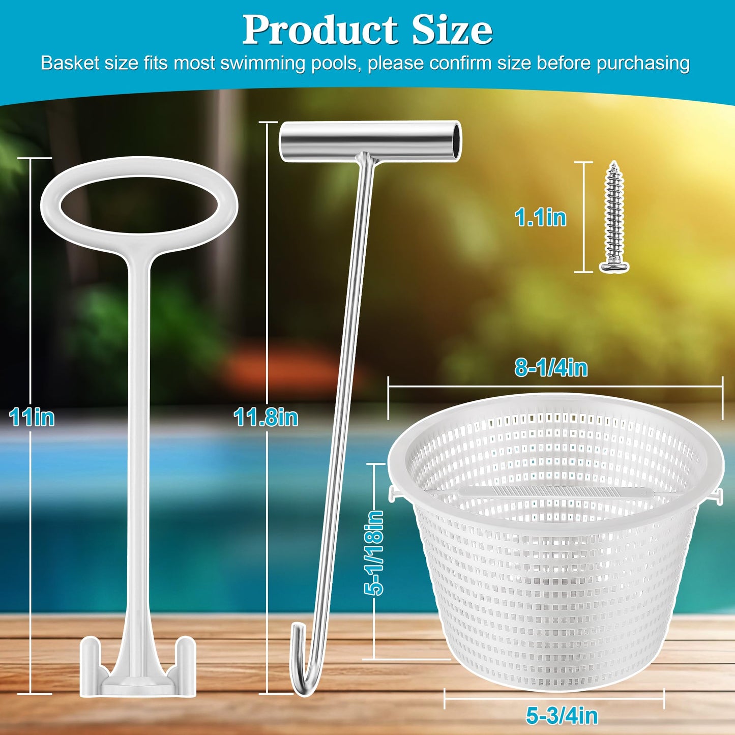 Saillong 2 Set 8" Pool Skimmer Basket for Inground Pool with 2 Skimmer Baskets Handle and 1 Stainless Steel Hook, White Universal Pools Filter Basket Skimmers for Debris Removal, Keep Hands Clean