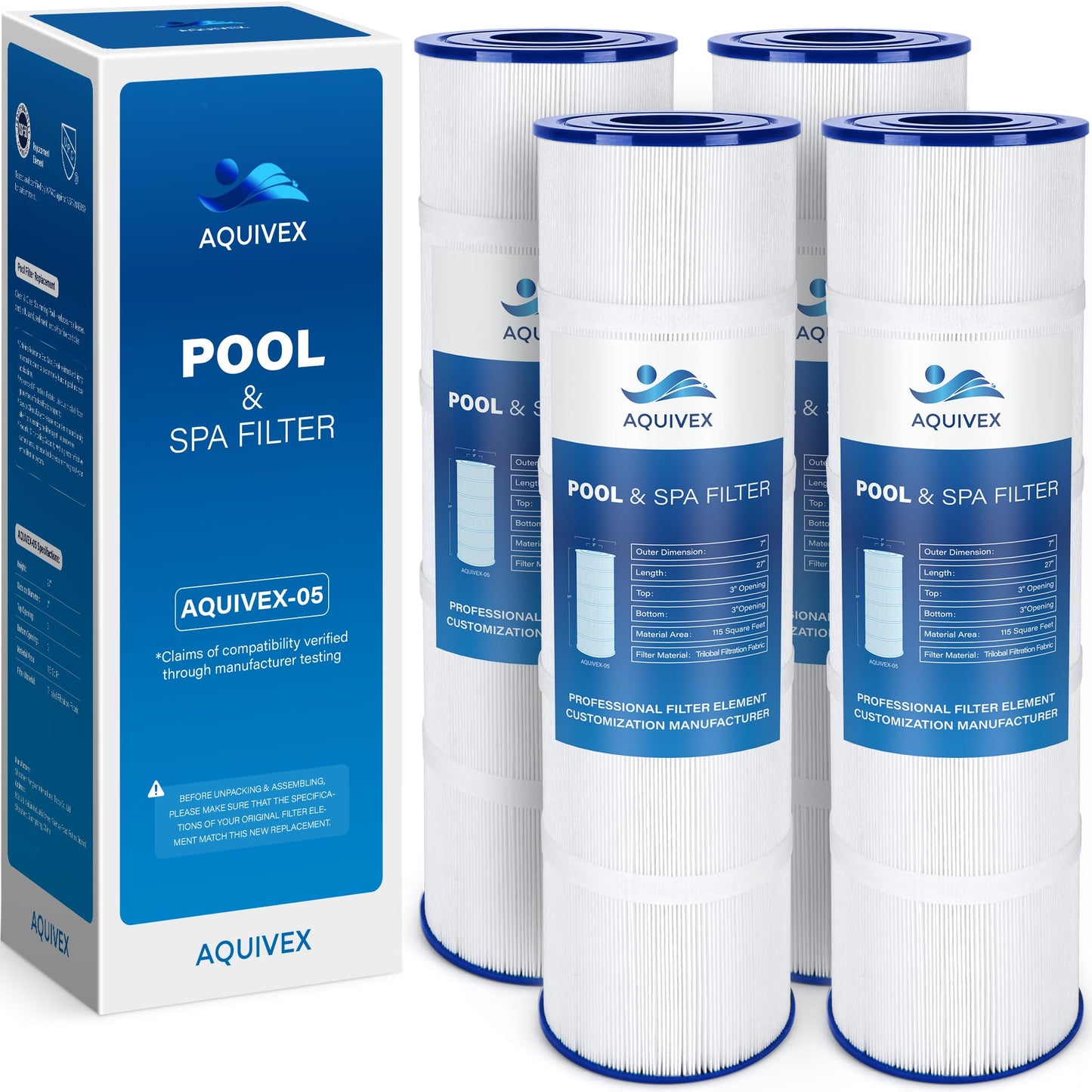 AQUIVEX CL460 Jandy Pool Filter Cartridge, Compatible with Jandy CL460, CV460, APCC7354, A0558000, R0554600, Pleatco PJAN115-PAK4, Unicel C-7468, Filbur FC-0810, FC-6410, Aladdin 21501 (4 Pack)