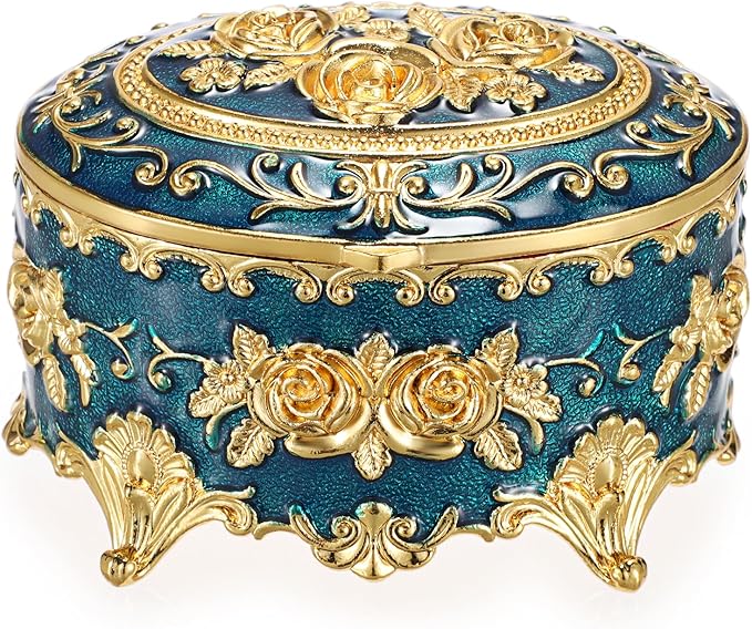 Hipiwe Vintage Metal Jewelry Box - Oval Trinket Box Ring Case with Rose Pattern Jewelry Storage Box for Ring Earrings Necklace, Keepsake Box for Women