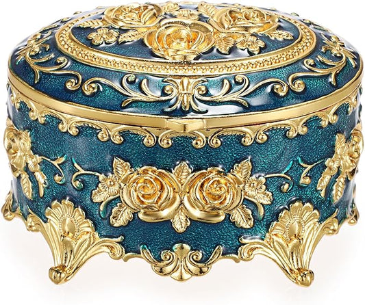 Hipiwe Vintage Metal Jewelry Box - Oval Trinket Box Ring Case with Rose Pattern Jewelry Storage Box for Ring Earrings Necklace, Keepsake Box for Women