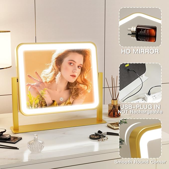 ROLOVE Gold Vanity Mirror with Lights, 14"×12" LED Makeup Mirror, Lighted Makeup Mirror with Lights, Smart Touch Control 3 Colors Dimmable, Lighted Up Mirror for Makeup Desk, 360° Rotation