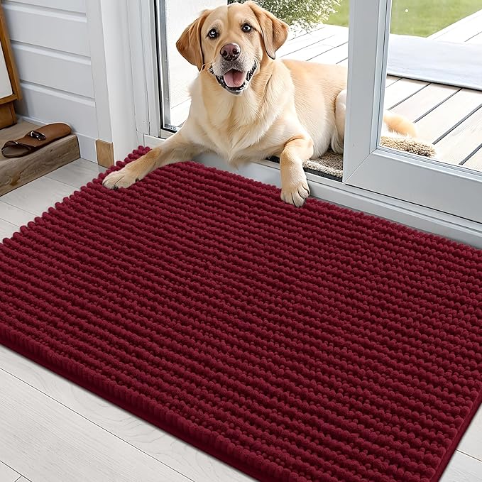 OLANLY Dog Door Mat for Muddy Paws 36x24, Ultra Absorbent Chenille Mud Doormat, Non-Slip Washable and Dirt Trapping Doormat for Indoor Entryway, Quick-Dry Indoor Pet Bed Mats for Dogs, Burgundy