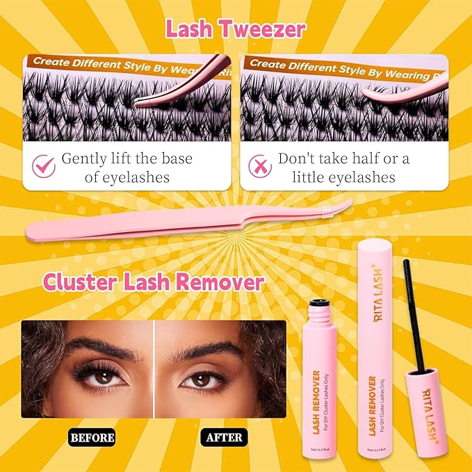 RITALASH Lash Extension Kit DIY Lash Clusters 800pcs Cluster Lashes Individual Lashes Book Set Eyelash Extension Kit with Lash Bond and Seal,Lash Remover,Lash Tweezers(30D+40D+50D+60D Kit,8-16mm)
