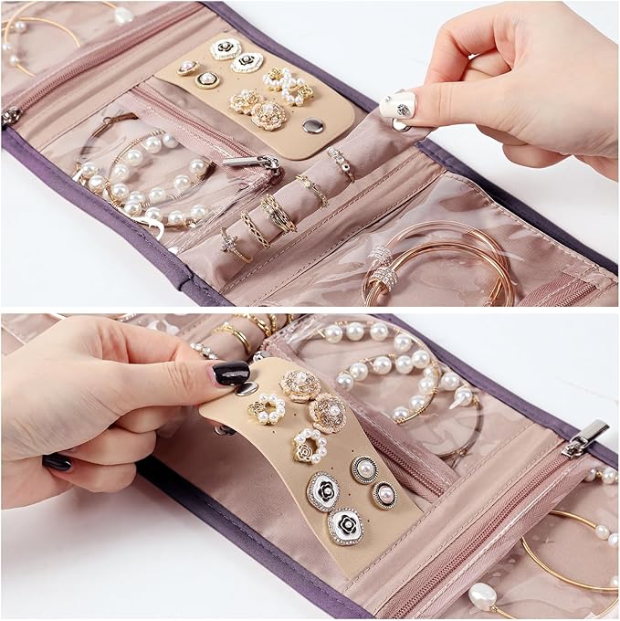 BELALIFE Travel Jewelry Case Organizer, Small Foldable Storage Roll for Earrings, Necklaces, Rings, Bracelets, Brooches, Purple