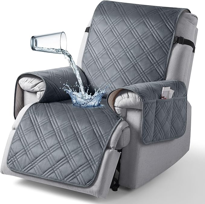 TAOCOCO 100% Waterproof Recliner Chair Cover, Recliner Covers for Recliner Chair with Pocket, Non Slip Reclining Chair Cover Furniture Protector for Kids, Pets(23.6'', Dark Grey-Velvet)