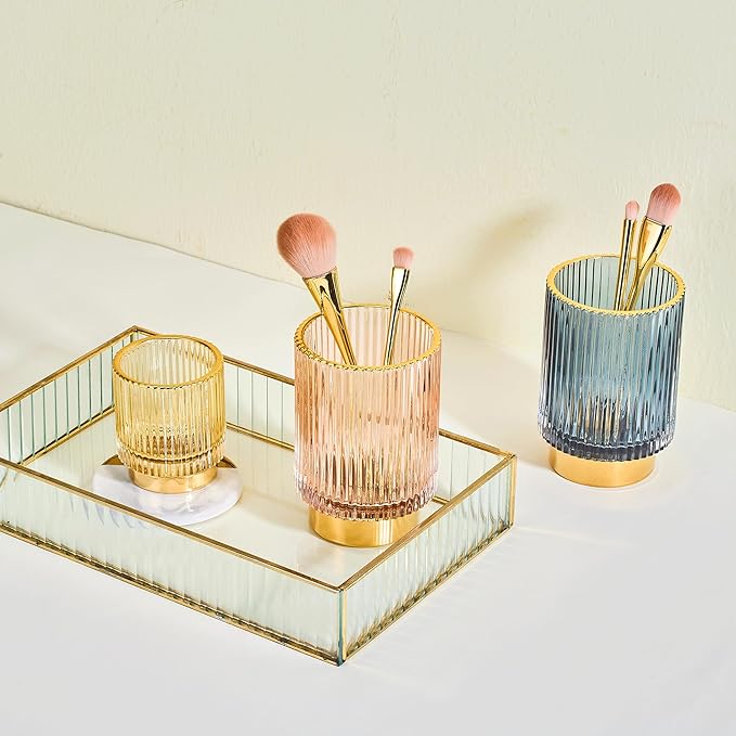 Makeup Brush Organizer, Toothbrush Holder, Desk Pen Pencil Holder, Multifunctional Vintage Glass Brush Cup (S/Gold/A3-12-US)