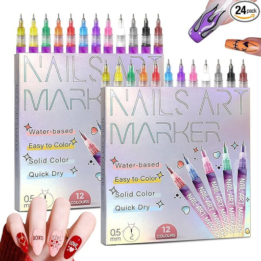 12 Color Nail Art Pens, 2026 Upgrade 0.5 MM Nail Polish Pens Drawing Painting Point Liner Acrylic Painted Pen Kit, DIY Nails Art Design Manicure Tools Christmas Gifts (2 Set)
