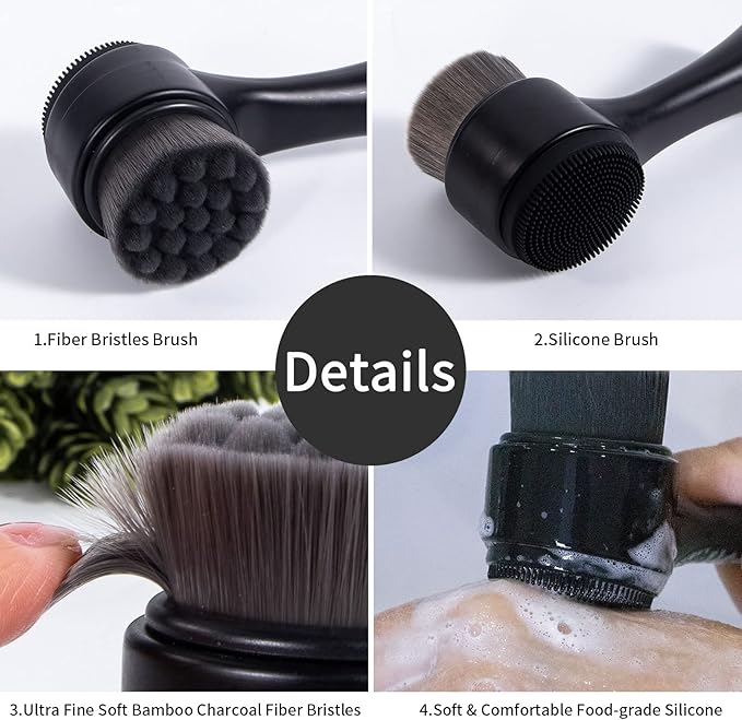 Face Brush 2 in 1, Facial Cleansing Exfoliating Scrubber Brush, Silicone Double Side Manual Face Wash Scrub Brush with Soft Bamboo Charcoal Fiber for Deep Pore Cleansing, Massaging, Skin Care