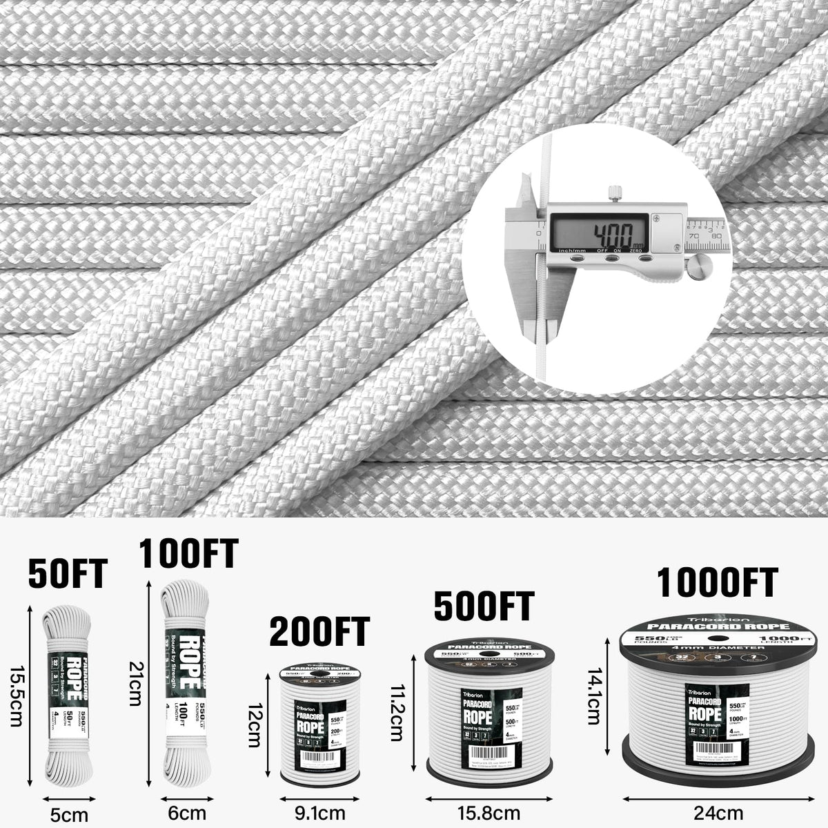 Paracord Rope 550 lb - 500ft 5/32" Parachute Cord 4MM 7-Strand para Cord - Heavy Duty Spool String for Survival,Camping Gear, Survival Bracelet, Clothesline - White