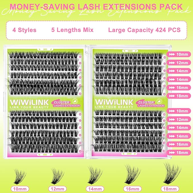 Lash Extension Kit 60D+80D+100D+200D Individual Lash Clusters 424PCS D Curl 10-18mm Volume Cluster Eyelash Extensions Kit with Lash Bond & Seal and Applicator for DIY Eyelashes Beginners