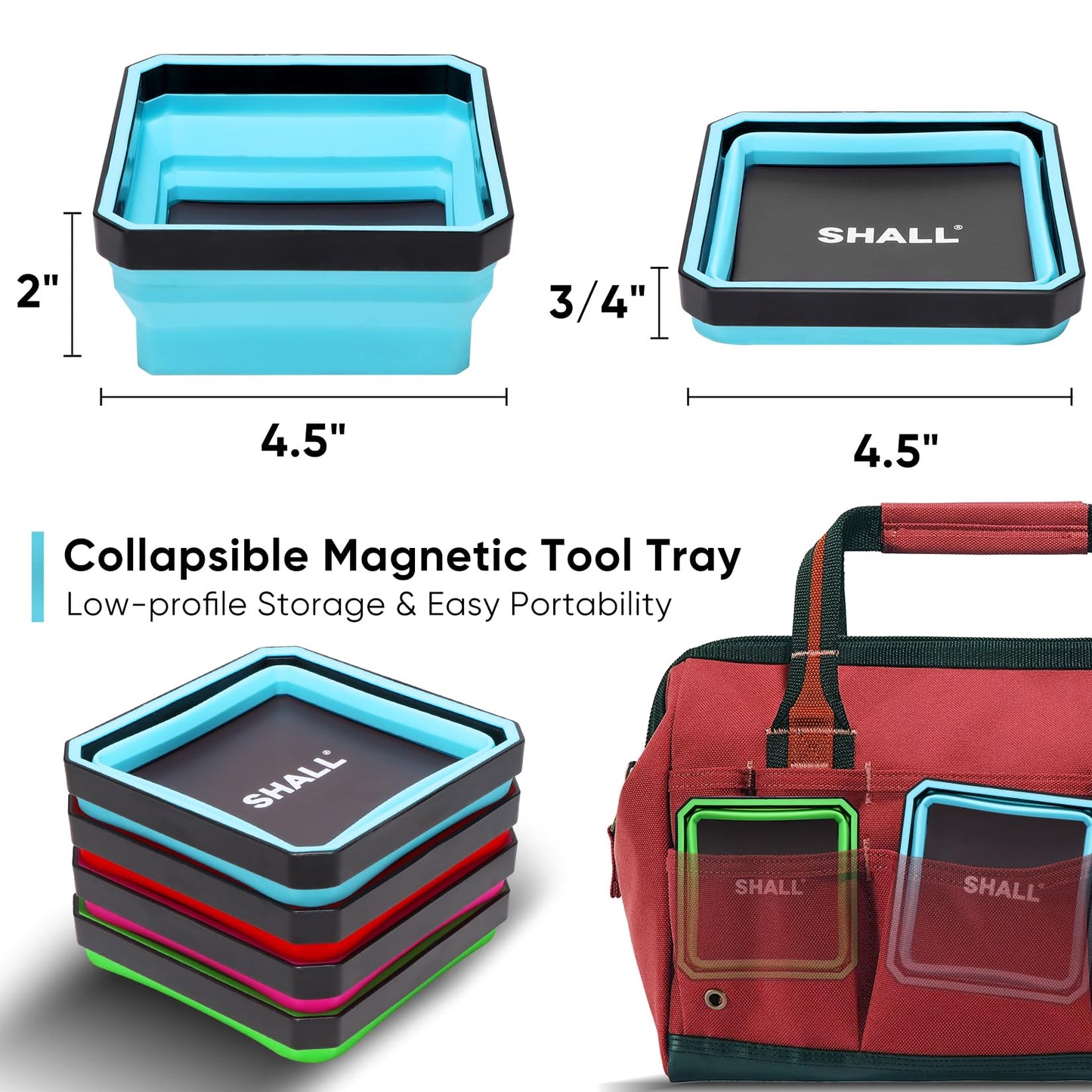 SHALL New Version Collapsible Magnetic Parts Tray Set, 4-Pack Magnetic Tool Trays for Screw Bolts Nuts Washers Pins & Small Metal Parts, 4.5” Square Silicone Foldable Bowls w/Dual-Sided Magnetic Base