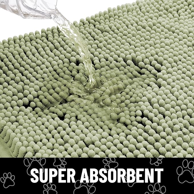 Smiry Dog Door Mat for Muddy Paws, Absorbent Dirt Trapper Non Slip Quick Dry Washable Chenille Mat for Mud Dogs, Entry Rug for Indoor and Outdoor (30x20 Inches, Sage Green and Black)