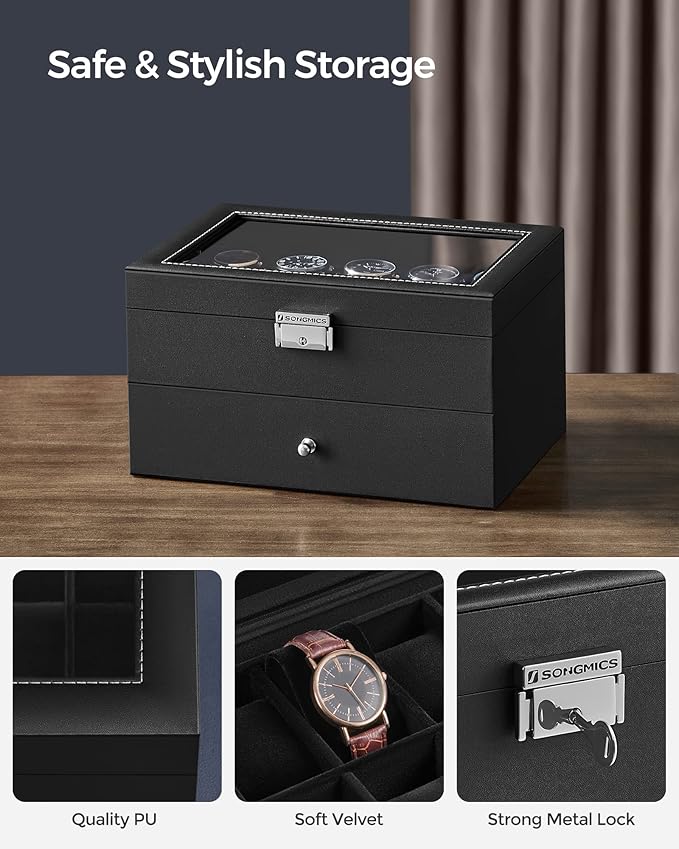 SONGMICS Watch Box, 20-Slot Watch Case Organizer with Large Glass Lid, Removable Pillows, Metal Lock, Gift for Loved Ones, Black Synthetic Leather, Black Lining UJWB020B01