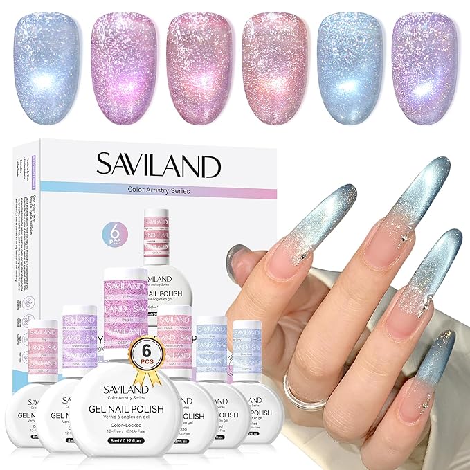 SAVILAND Color Artistry Cat Eye Gel Nail Polish 6 Colors: Crystal Shiny Gel Nail Polish Shimmer Glitter Rainbow Magnetic Glitter Cat Eye with Magnet Stick Soak Off U V Lamp Manicure Nail Art