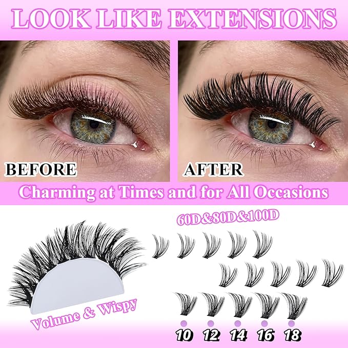 Lash Clusters Kit for Beginners Eyelash Clusters Kit Cluster Eyelash Extensions Lashes Clusters Kit Lash Extension Kit+Lash Bond&Seal,Remover,Tweezers,Brush(60D+80D+100D Lash Kit)