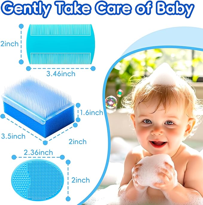 Cradle Cap Brush for Babies, Baby Bath Essentials with Silicone Scrubber Bath Sponge Dual-Sided Comb for Newborns Toddlers Boys Girls (Blue,Set of 5)