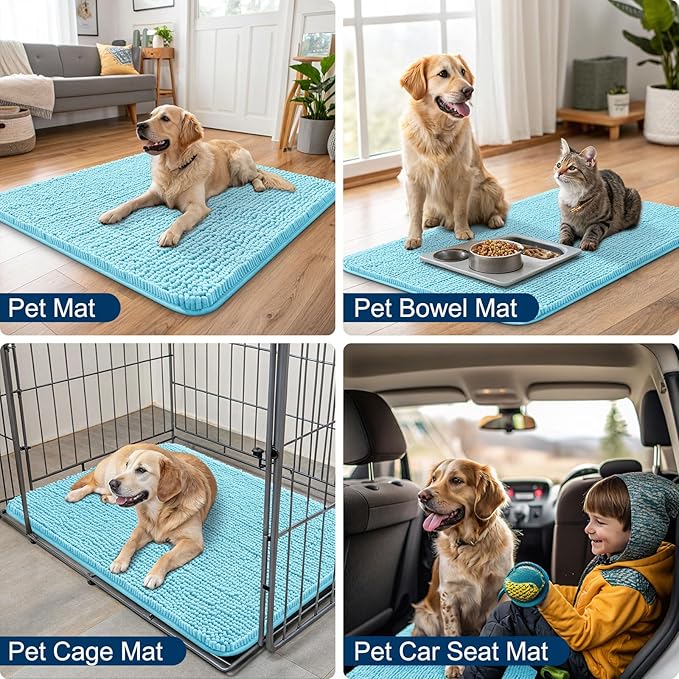 Smiry Dog Door Mat for Muddy Paws 30x20, Absorbs Moisture and Dirt Doormat, Non-Slip Washable Quick Dry Chenille Front Door Mat Indoor Entrance, Entryway Carpet for Inside Floor, Sky Blue