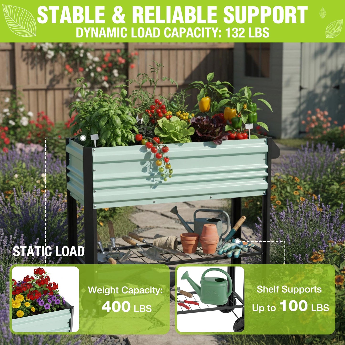 WORKPRO Galvanized Raised Garden Bed with Legs & Wheels, 37x14.6x31.6in, 400LB Capacity Elevated Planter Box for Garden, Backyard, Patio & Deck, Light Green